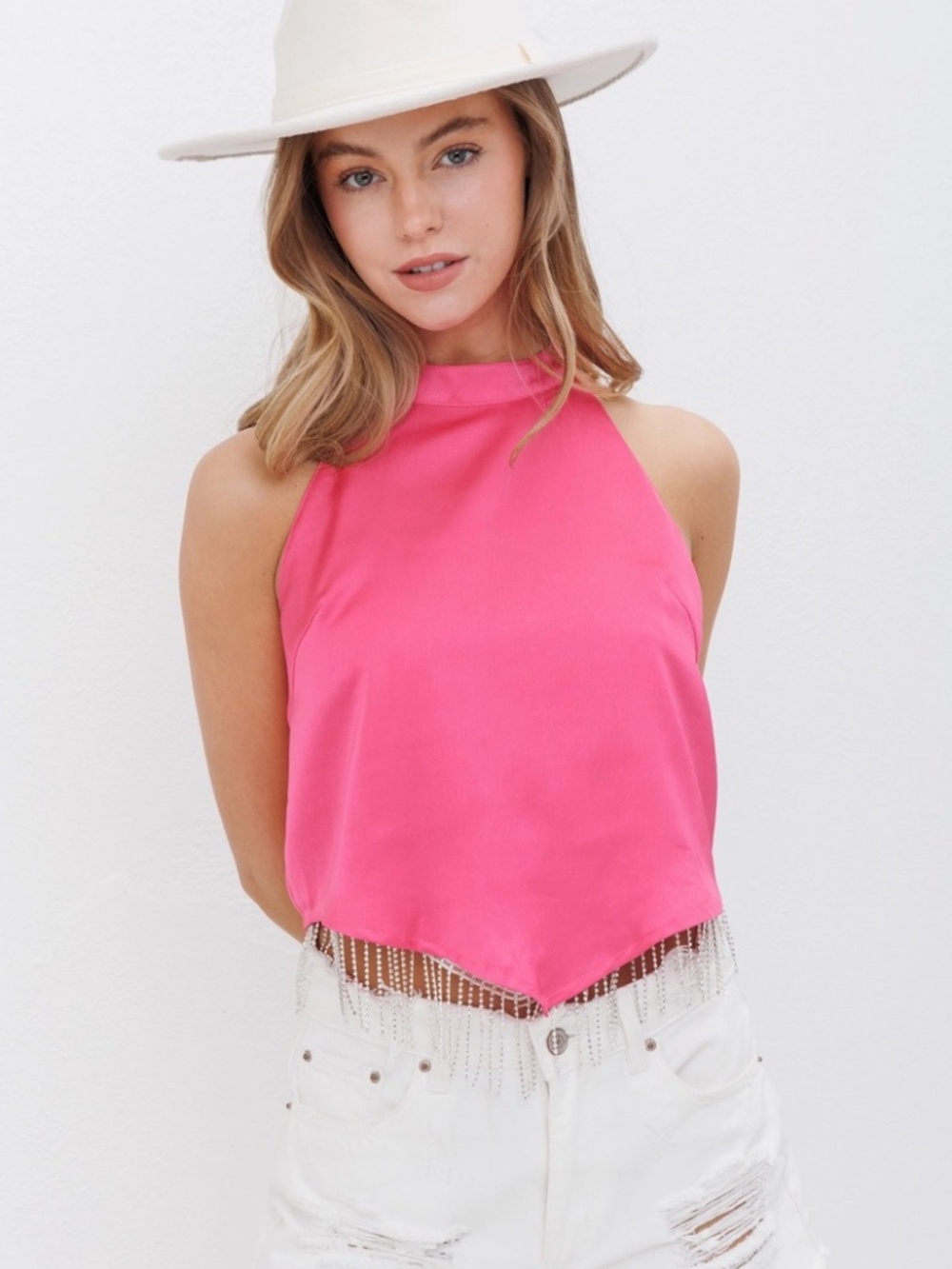 Rhinestone Fringe Halter Crop Top - Fuchsia